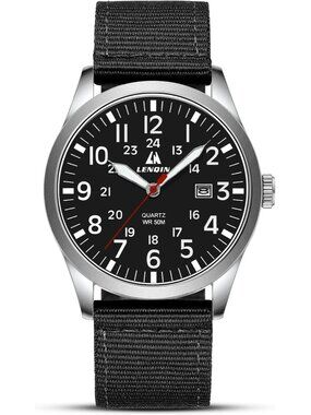 LN LENQIN Men's Black Classic Military Analog Quartz Waterproof Nylon Band Watch
